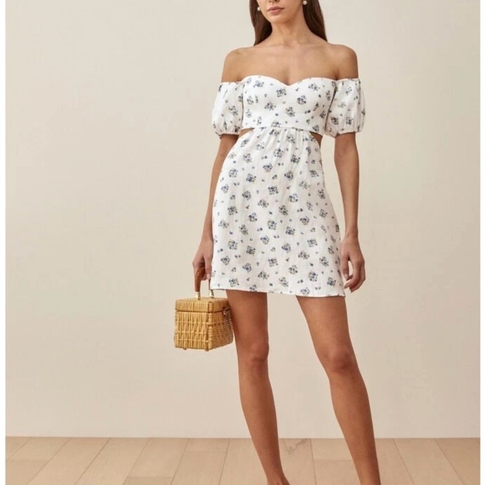 Reformation Emilia Floral Off-Shoulder Linen Dress Women’s Size 6 NEW with Tags
